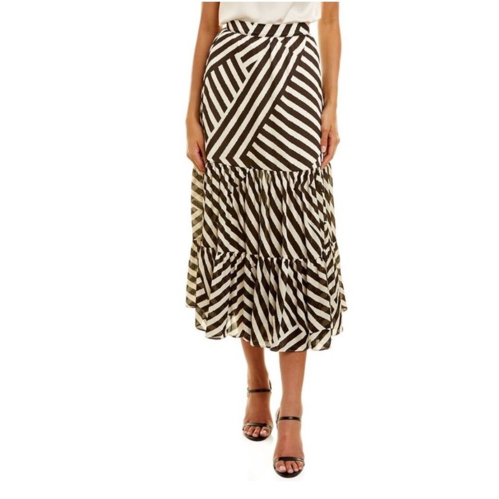 Sachin & Babi Tiered Midi Skirt Womens 6 Chocolate Ivory Geometric Stripe Ruffle